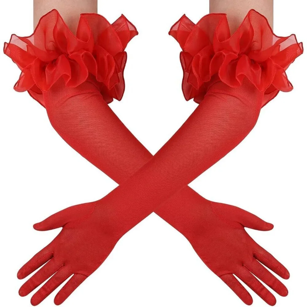 Women's Long Red Ruffle Puff Cuff Sleeve Mesh Gloves Wedding Party Costume